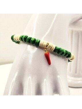 Green Beaded Chili Pepper Bracelet, Lucky Charm Bracelet, Italian Inspired Jewel